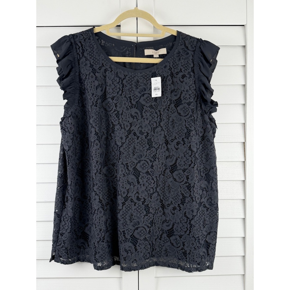 LOFT Lace Shell XXL Navy Blue Ruffle Trim Sleeveless Blouse NEW